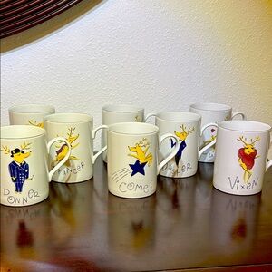 Pottery Barn Discontinued Set of (8) Reindeer Silver Rimed Porcelain Mugs